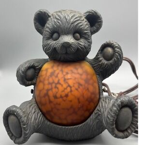 Vintage Amber Art Glass Teddy Bear Lamp Cast Iron Base Shell‎ belly 6"